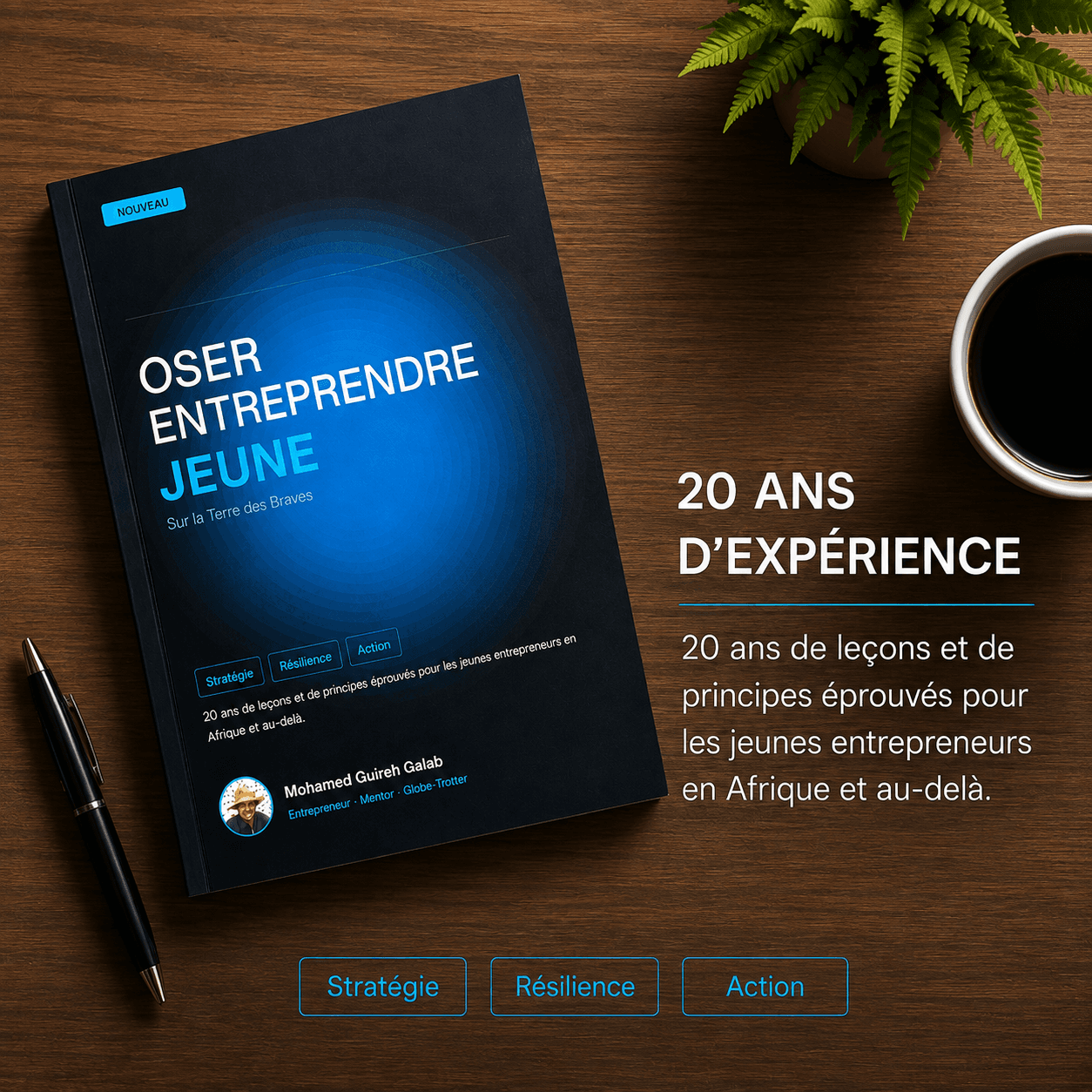 Le livre sur un bureau avec un café, 20 ans d'expérience